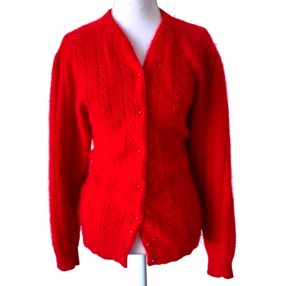 Vintage Red Angora Lambswool Blend Beaded Cardigan Sweater Fuzzy Coquette Large